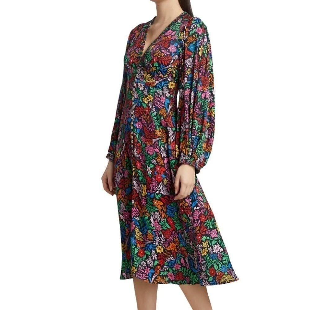 Farm Rio Black Mixed Prints Floral Birds Midi Dress V-Neck Balloon Sleeve Size L - Picture 14 of 16